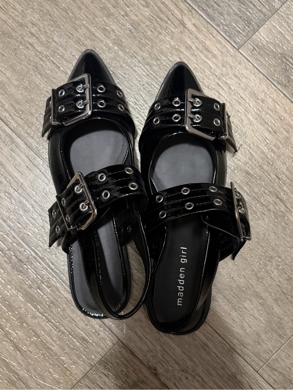 Madden Girl Black Patent Pointed Slingback Flats with Double Buckle Straps